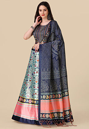 Digital Printed Satin Lehenga in Light Blue