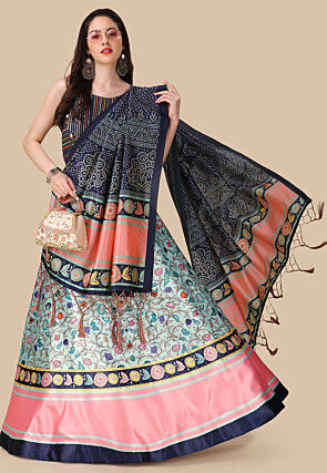 Digital Printed Satin Lehenga in Light Blue
