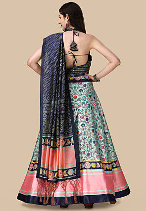 Digital Printed Satin Lehenga in Light Blue