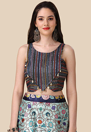 Digital Printed Satin Lehenga in Light Blue