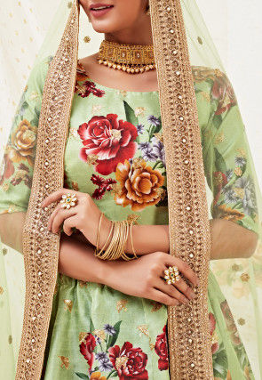 Digital Printed Satin Lehenga in Light Green