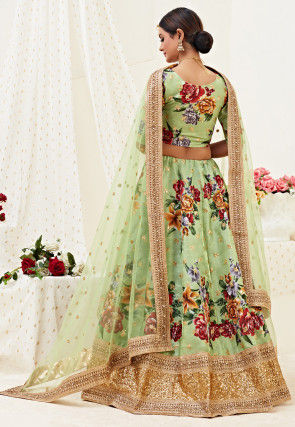 Digital Printed Satin Lehenga in Light Green