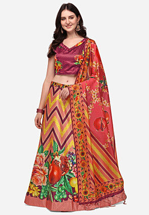 Digital Printed Satin Lehenga in Multicolor
