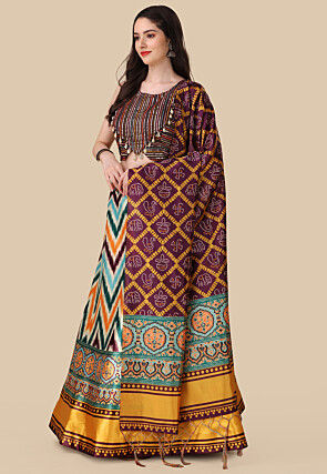 Digital Printed Satin Lehenga in Multicolor