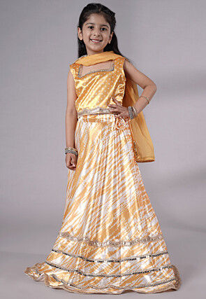 Digital Printed Satin Lehenga in Off White and Yellow