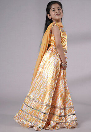 Digital Printed Satin Lehenga in Off White and Yellow