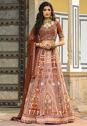 Digital Printed Satin Lehenga in Peach