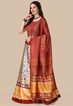 Digital Printed Satin Lehenga in Peach