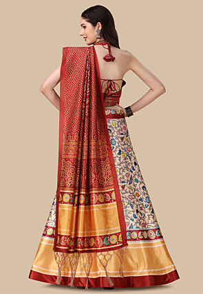 Digital Printed Satin Lehenga in Peach