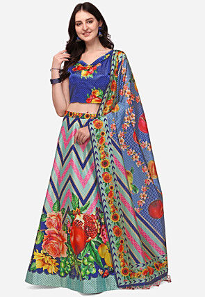 Digital Printed Satin Lehenga in Sky Blue