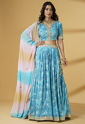 Digital Printed Satin Lehenga in Sky Blue
