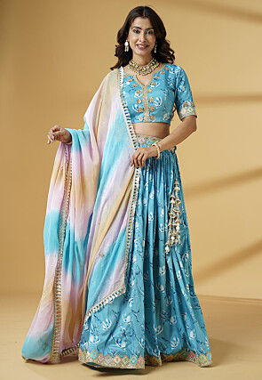 Digital Printed Satin Lehenga in Sky Blue