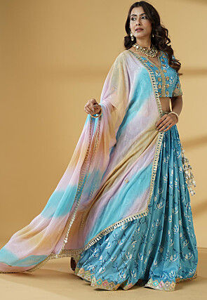 Digital Printed Satin Lehenga in Sky Blue