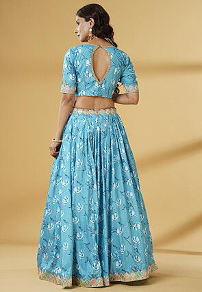 Digital Printed Satin Lehenga in Sky Blue