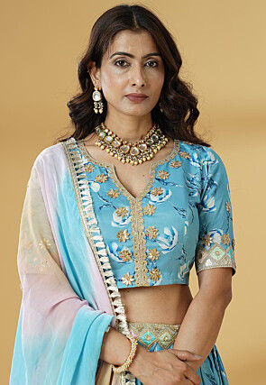 Digital Printed Satin Lehenga in Sky Blue