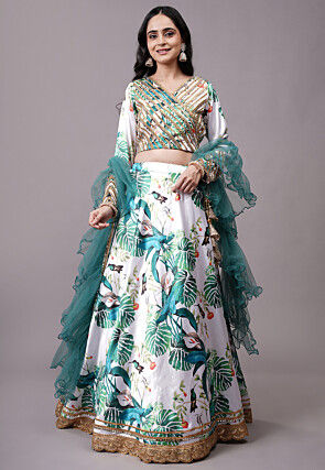 Digital Printed Satin Lehenga in White