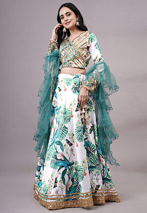 Digital Printed Satin Lehenga in White