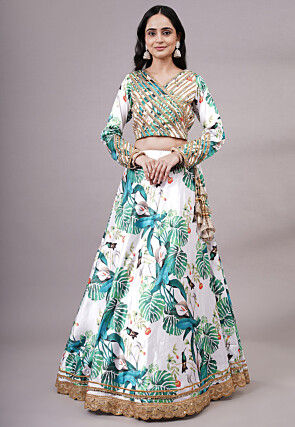 Digital Printed Satin Lehenga in White