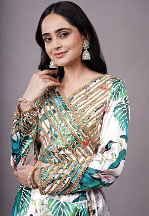 Digital Printed Satin Lehenga in White