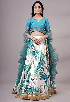 Digital Printed Satin Lehenga in White
