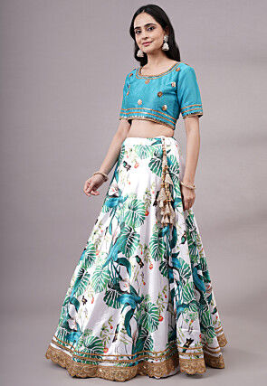 Digital Printed Satin Lehenga in White