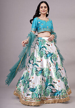Digital Printed Satin Lehenga in White