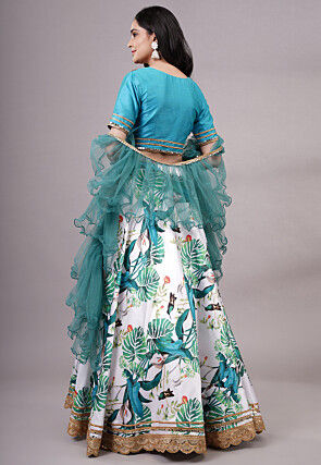 Digital Printed Satin Lehenga in White