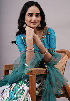 Digital Printed Satin Lehenga in White