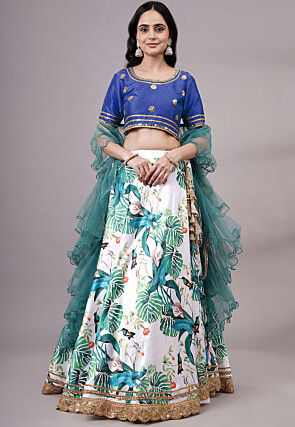 Digital Printed Satin Lehenga in White