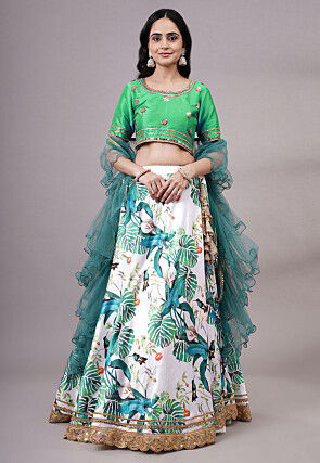 Digital Printed Satin Lehenga in White