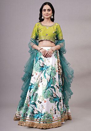 Digital Printed Satin Lehenga in White