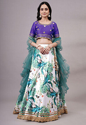 Digital Printed Satin Lehenga in White