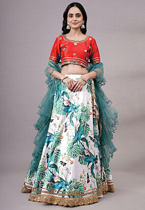 Digital Printed Satin Lehenga in White