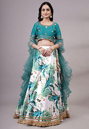 Digital Printed Satin Lehenga in White