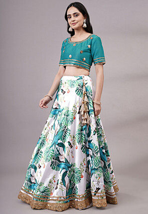 Digital Printed Satin Lehenga in White