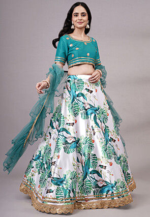Digital Printed Satin Lehenga in White