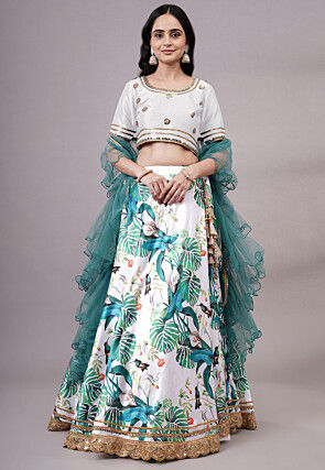 Digital Printed Satin Lehenga in White