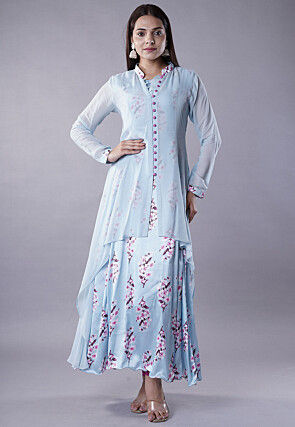 Digital Printed Satin Long Kurta with Jacket in Sky Blue