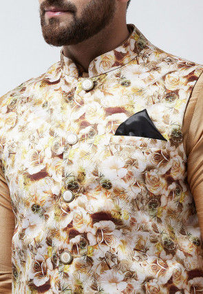 Digital Printed Satin Nehru Jacket in Light Beige