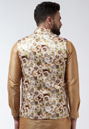 Digital Printed Satin Nehru Jacket in Light Beige