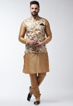 Digital Printed Satin Nehru Jacket in Light Beige