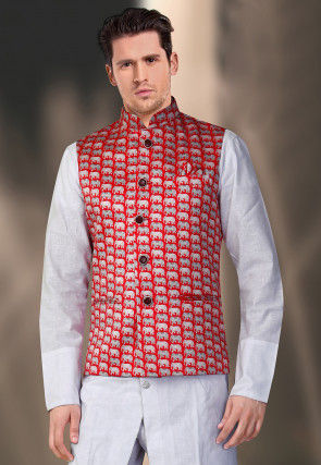 Digital Printed Satin Nehru Jacket in Red