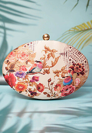 Digital Printed Satin Oval Clutch Bag in Off White and Multicolor