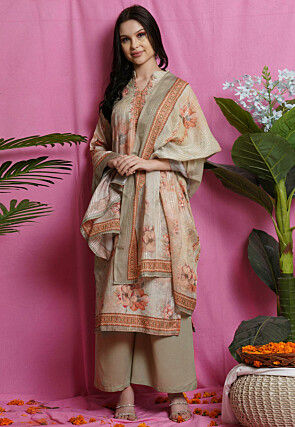 Digital Printed Satin Pakistani Suit in Beige
