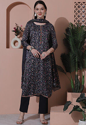 Digital Printed Satin Pakistani Suit in Black
