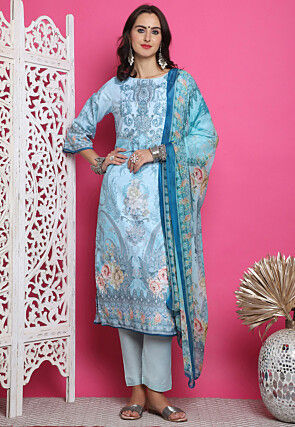 Digital Printed Satin Pakistani Suit in Blue