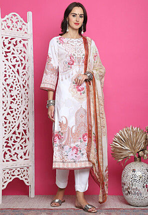 Digital Printed Satin Pakistani Suit in Cream