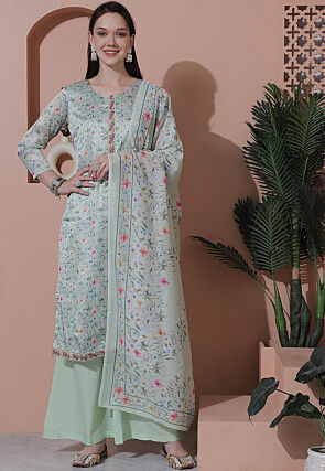 Digital Printed Satin Pakistani Suit in Light Green