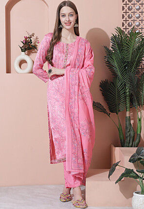 Digital Printed Satin Pakistani Suit in Pink