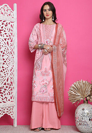 Digital Printed Satin Pakistani Suit in Pink